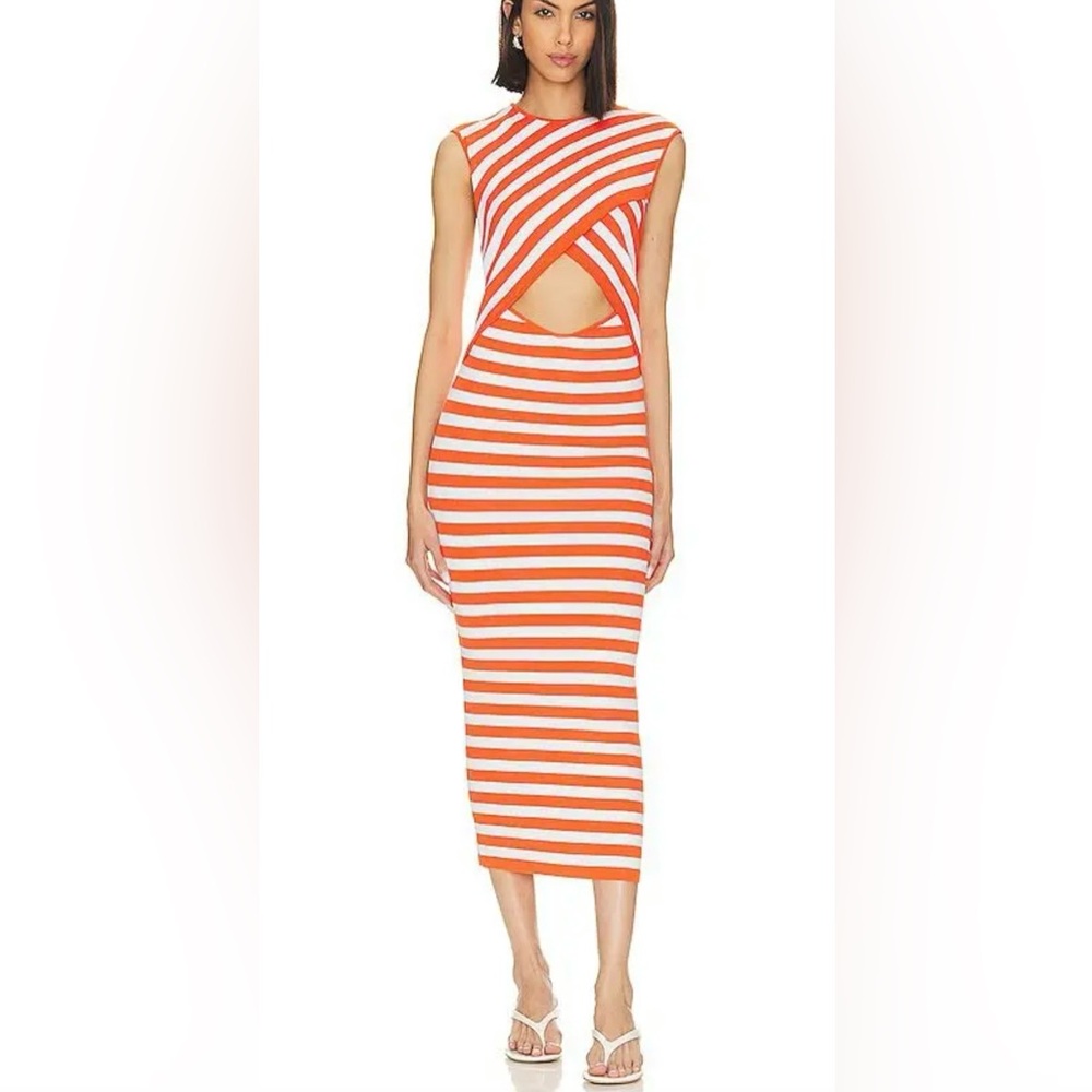 L'Academie Tina Orange and White Striped Midi Dress